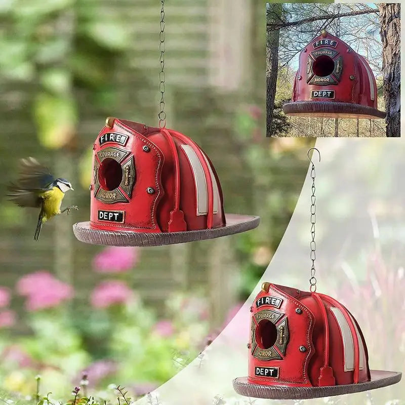 Explore our Charming Firefighter Hat Bird House – A whimsical addition for bird enthusiasts and garden lovers!