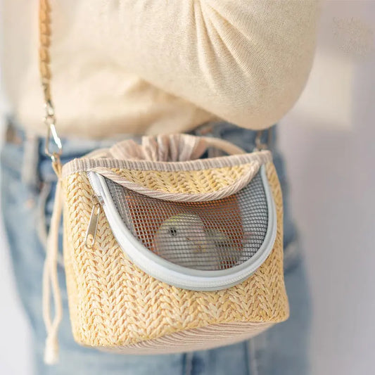 Straw-Woven Peony Parrot Cage Backpack - Portable Bird Carrier for Small Pets