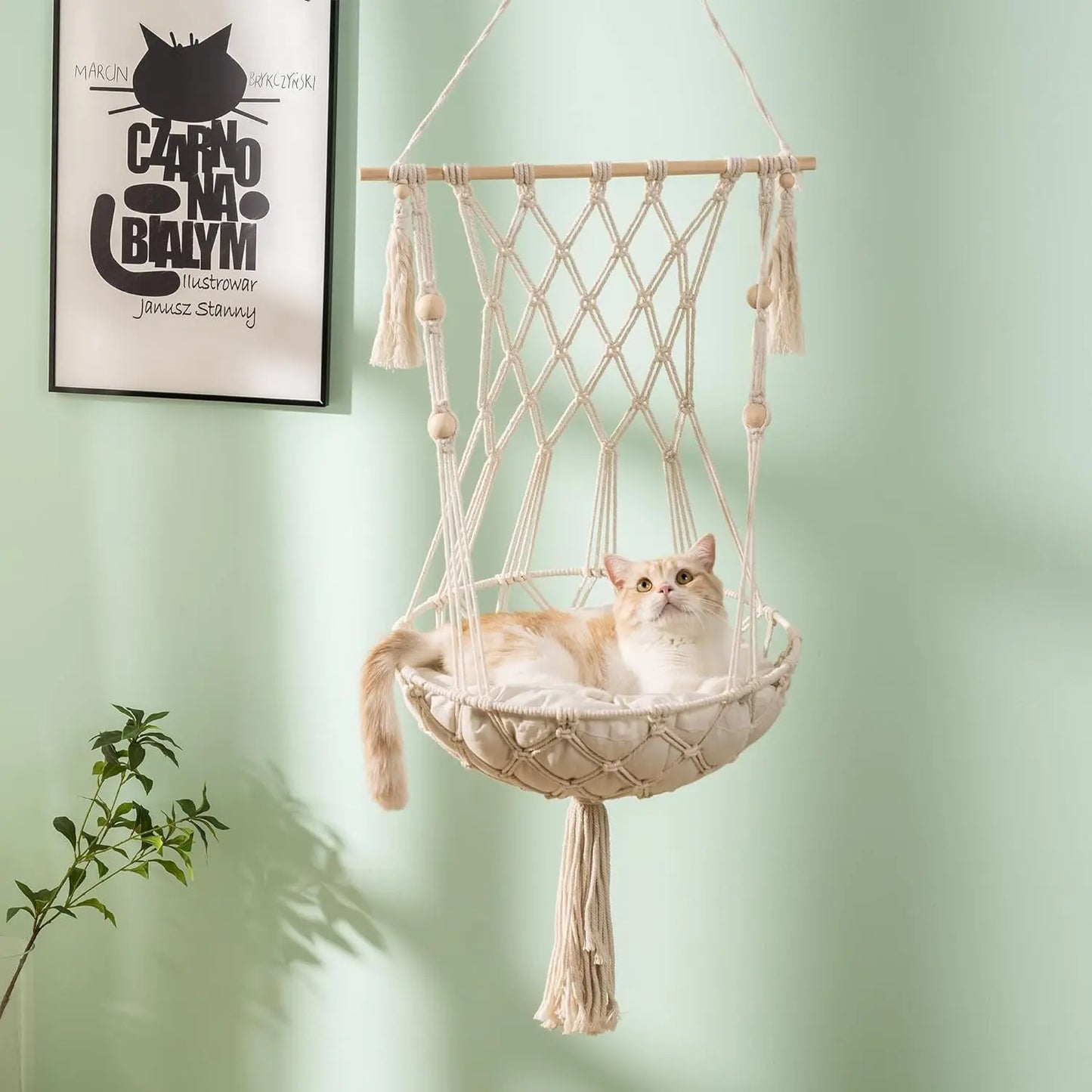 Hanging Cat Bed - Aerial Kitten Seat Nest with Washed Cotton Mat & Tassel Basket Tapestry - Ultimate Kitty Comfort