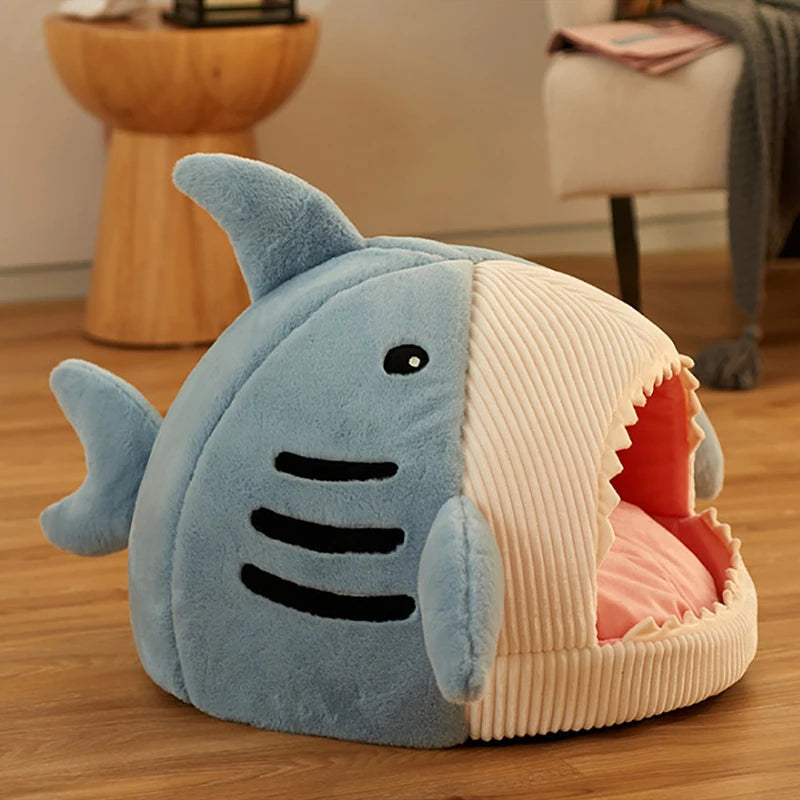 Whimsical Shark Retreat - Semi-Enclosed Cat Bed for Warm Naps and Stylish Pet Comfort