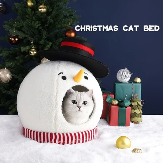 Snuggle Up in Style: Christmas Snowman Cat House for Cozy Winter Warmth - Premium Semi-Enclosed Cat Nest for Your Furry Friend!