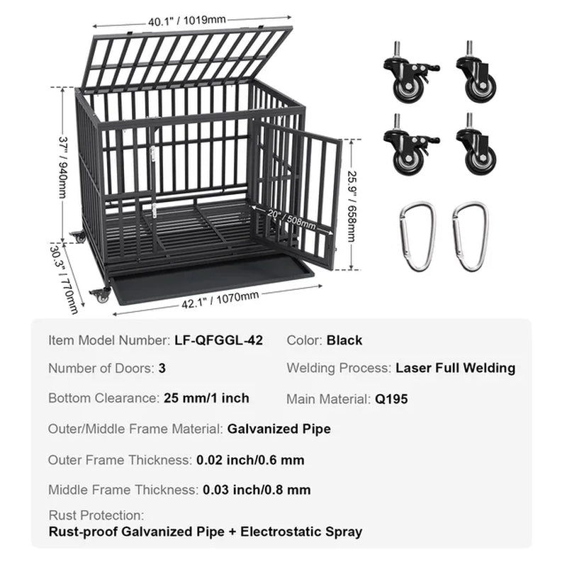 Freedom and Security: 3-Door Heavy Duty Dog Crate with Lockable Wheels - Ideal for Indoor & Outdoor Use - Medium to Large Dogs!