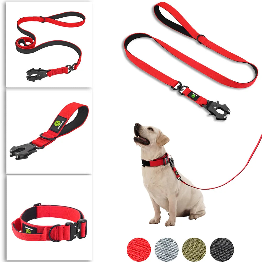 Elite Tactical Dog Leash and Collar Set: Heavy Duty Nylon, Quick Release, Padded Handle - Perfect for Military-Grade Training and Traffic Control!