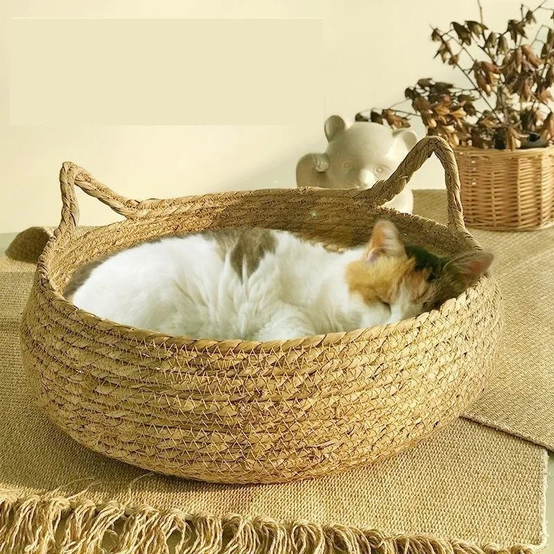 Luxury Four Seasons Cat Bed - Woven, Removable Upholstery, Scratch-Resistant Rattan Floor, Washable Sleeping House for Cats, Pet Accessories