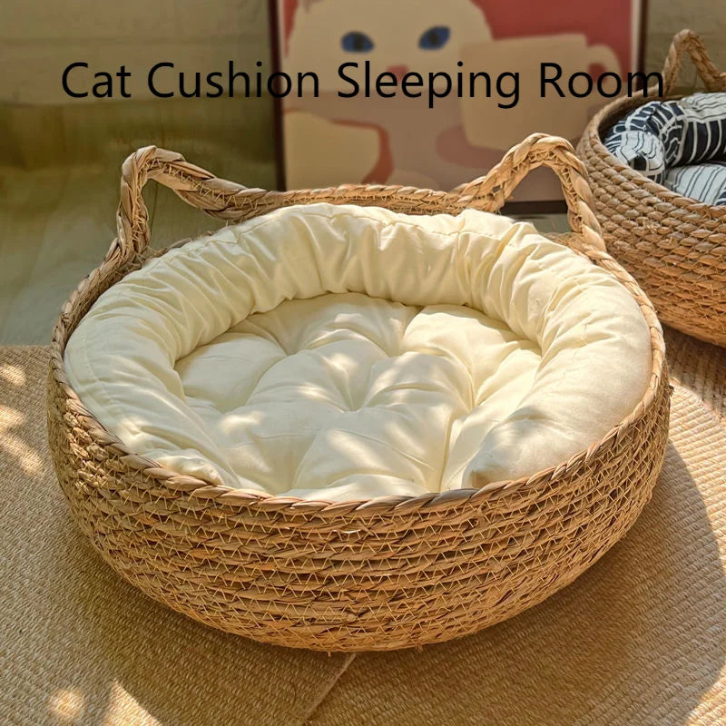 Luxury Four Seasons Cat Bed - Woven, Removable Upholstery, Scratch-Resistant Rattan Floor, Washable Sleeping House for Cats, Pet Accessories