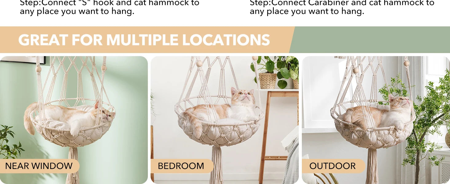 Hanging Cat Bed - Aerial Kitten Seat Nest with Washed Cotton Mat & Tassel Basket Tapestry - Ultimate Kitty Comfort