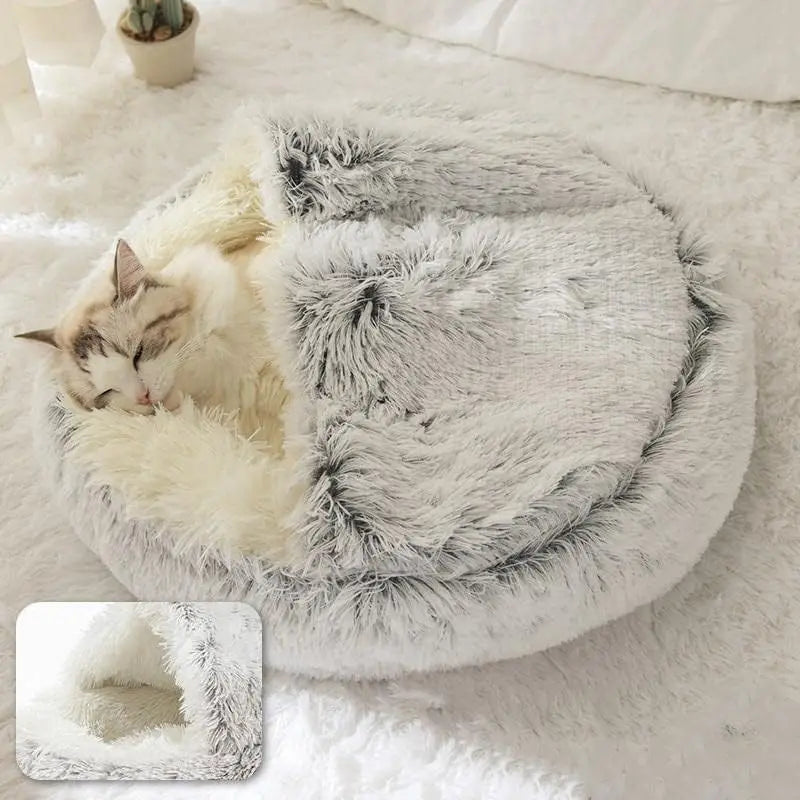 Soft Plush Pet Bed - 2-in-1 Round Cat Bed with Cover, Warm Sleeping Nest Cave for Small Dogs, Cozy Pet Mattress