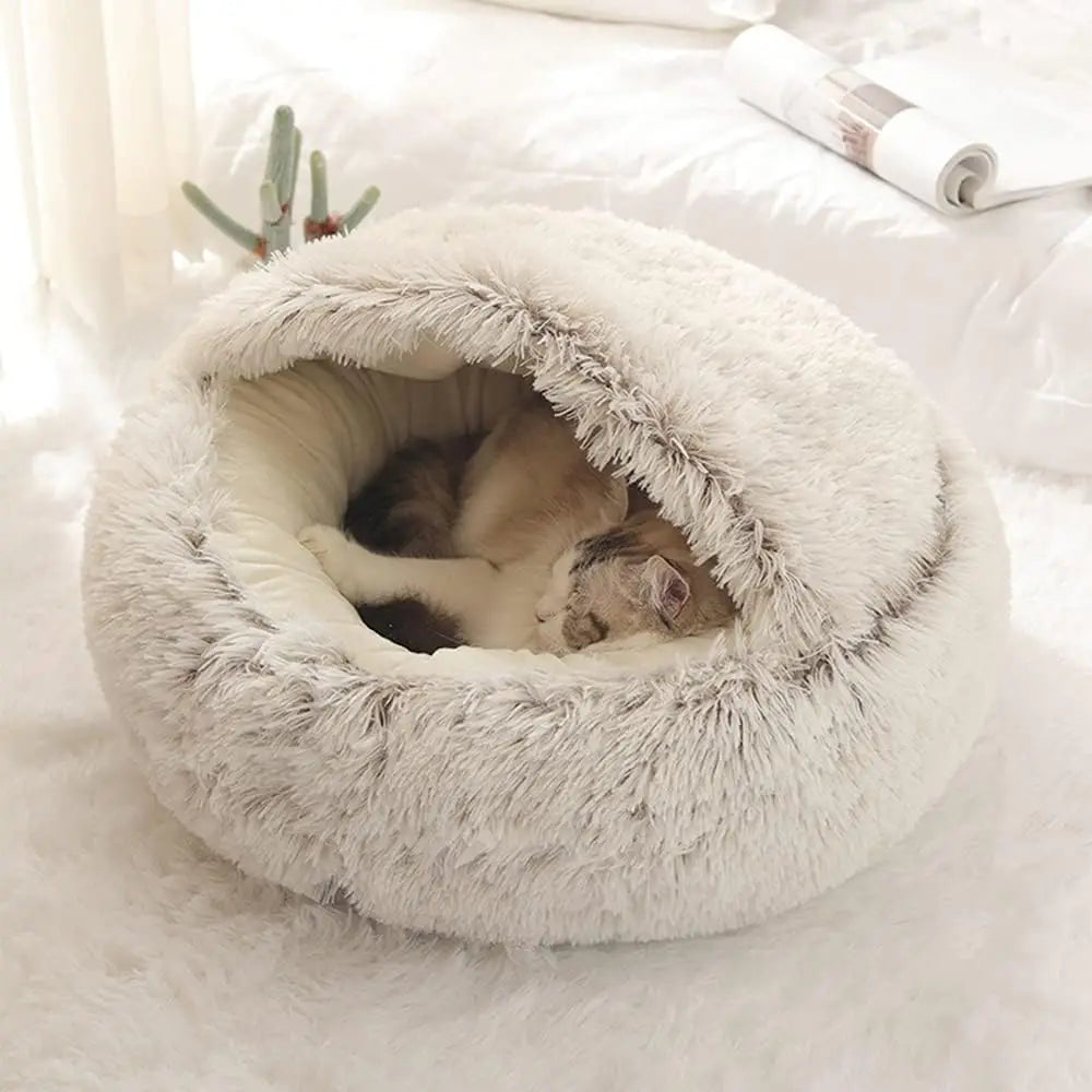 Soft Plush Pet Bed - 2-in-1 Round Cat Bed with Cover, Warm Sleeping Nest Cave for Small Dogs, Cozy Pet Mattress