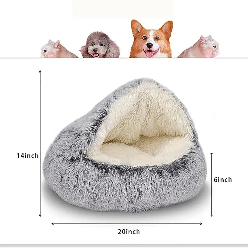 Soft Plush Pet Bed - 2-in-1 Round Cat Bed with Cover, Warm Sleeping Nest Cave for Small Dogs, Cozy Pet Mattress