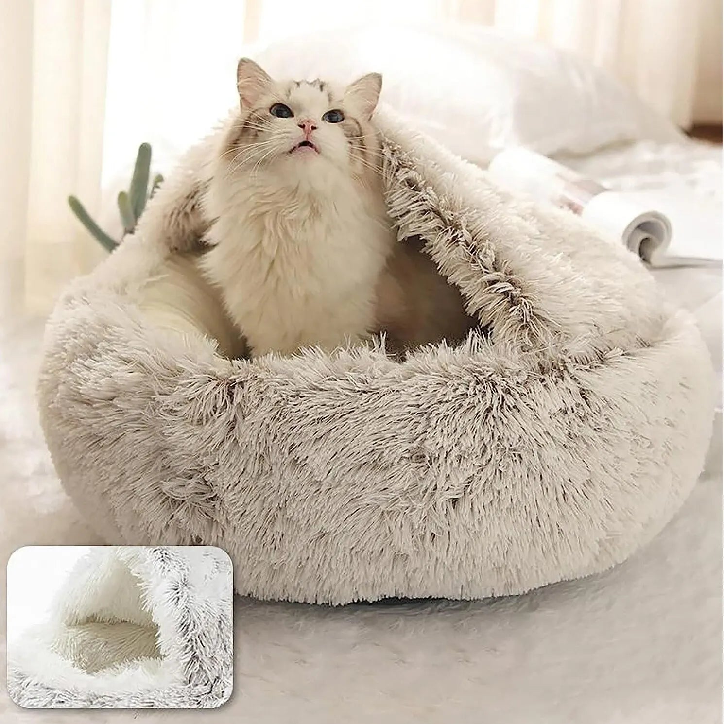 Soft Plush Pet Bed - 2-in-1 Round Cat Bed with Cover, Warm Sleeping Nest Cave for Small Dogs, Cozy Pet Mattress