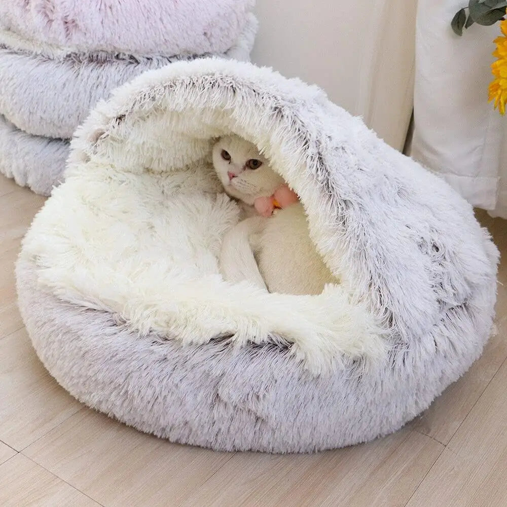 Soft Plush Pet Bed - 2-in-1 Round Cat Bed with Cover, Warm Sleeping Nest Cave for Small Dogs, Cozy Pet Mattress