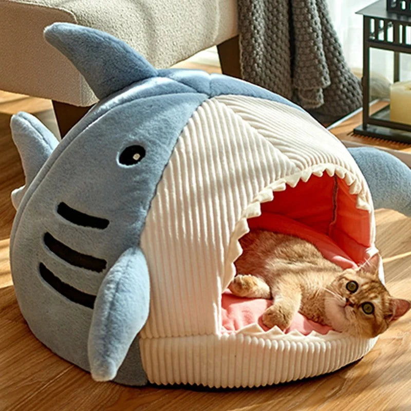 Whimsical Shark Retreat - Semi-Enclosed Cat Bed for Warm Naps and Stylish Pet Comfort