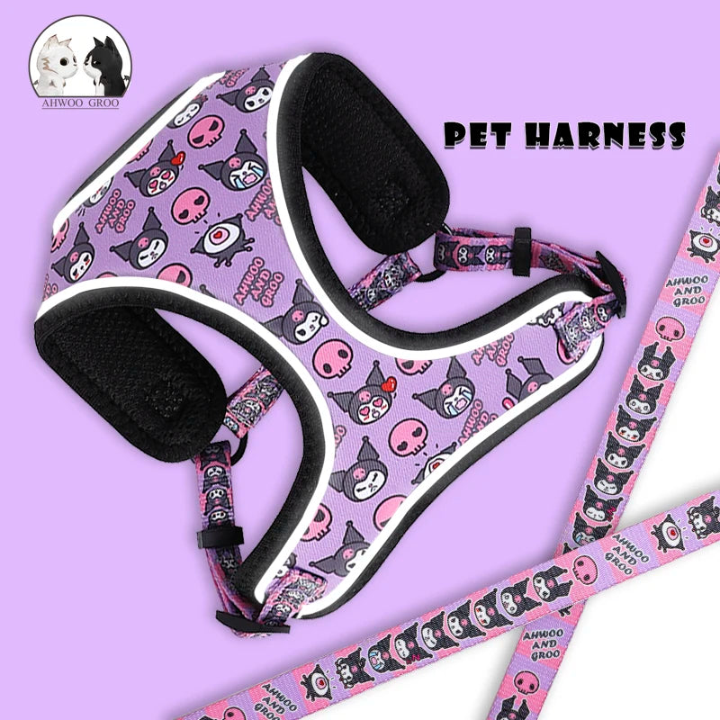 Whimsical Adventures: Reflective Dog Cat Harness Set with Cartoon Design – Ideal for Small to Medium Dogs and Cats – Includes Walking Leash! Purple