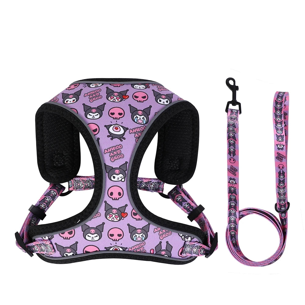 Whimsical Adventures: Reflective Dog Cat Harness Set with Cartoon Design – Ideal for Small to Medium Dogs and Cats – Includes Walking Leash! Purple