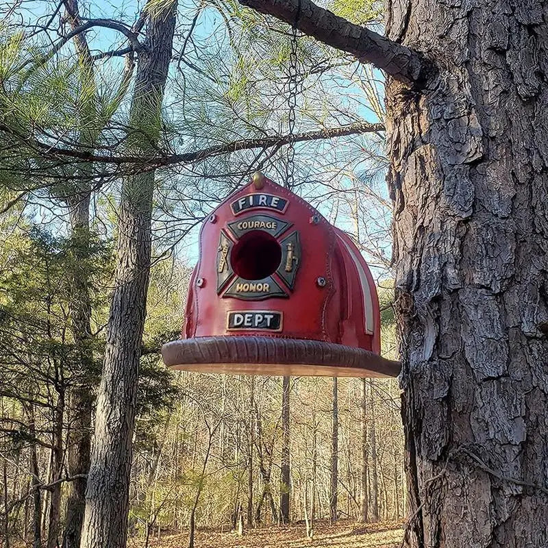 Explore our Charming Firefighter Hat Bird House – A whimsical addition for bird enthusiasts and garden lovers!