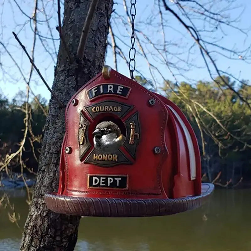 Explore our Charming Firefighter Hat Bird House – A whimsical addition for bird enthusiasts and garden lovers!