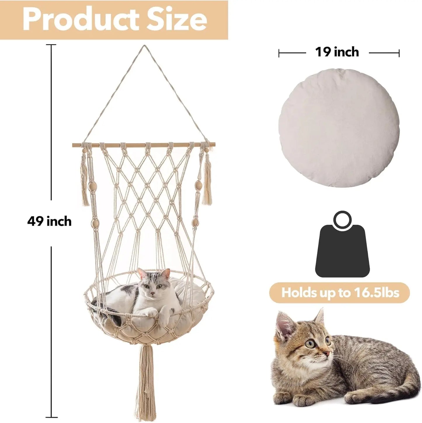 Hanging Cat Bed - Aerial Kitten Seat Nest with Washed Cotton Mat & Tassel Basket Tapestry - Ultimate Kitty Comfort