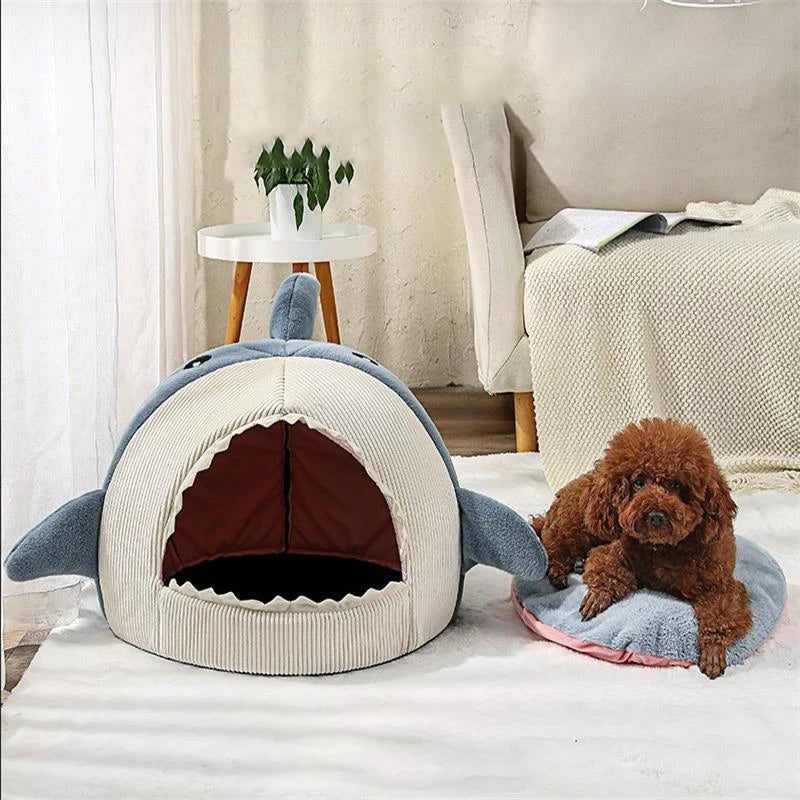 Whimsical Shark Retreat - Semi-Enclosed Cat Bed for Warm Naps and Stylish Pet Comfort