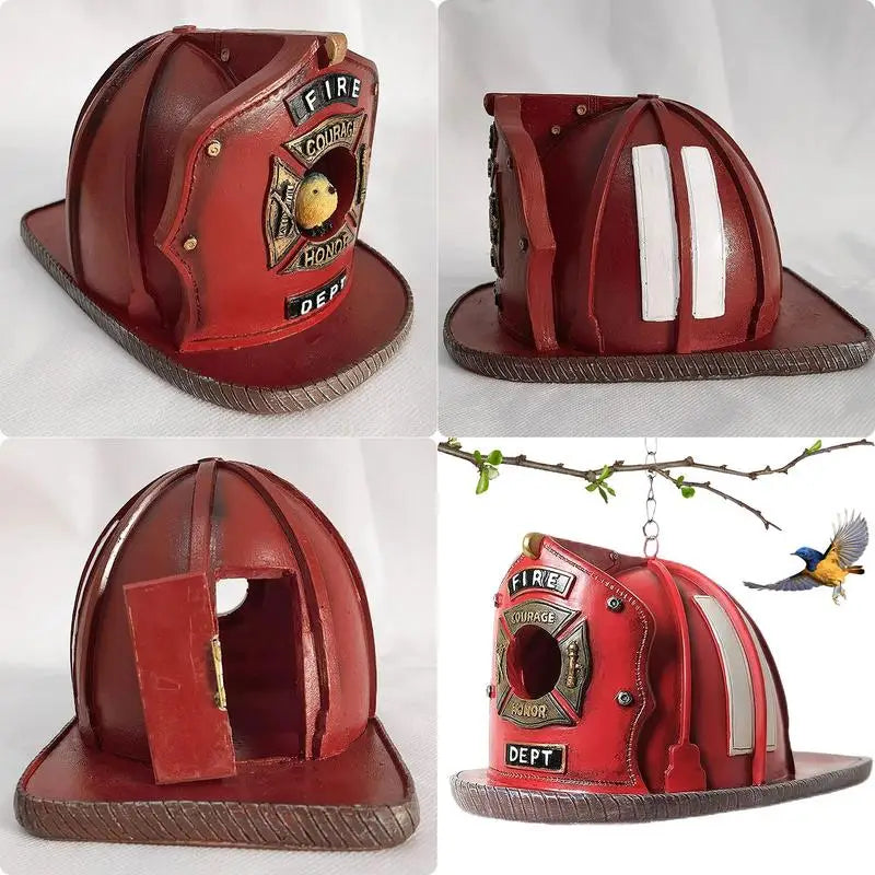 Explore our Charming Firefighter Hat Bird House – A whimsical addition for bird enthusiasts and garden lovers!