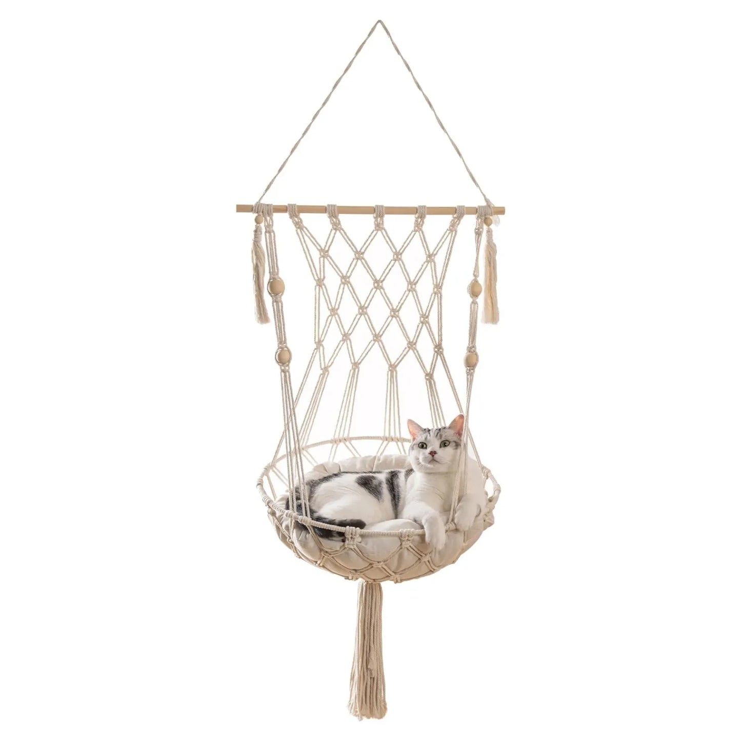 Hanging Cat Bed - Aerial Kitten Seat Nest with Washed Cotton Mat & Tassel Basket Tapestry - Ultimate Kitty Comfort