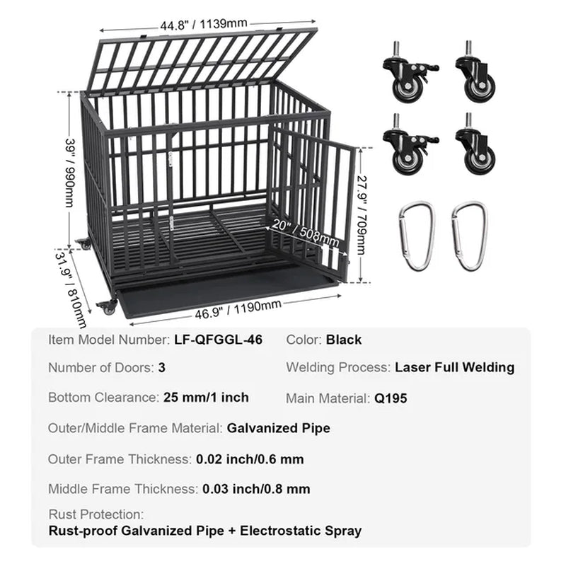 Freedom and Security: 3-Door Heavy Duty Dog Crate with Lockable Wheels - Ideal for Indoor & Outdoor Use - Medium to Large Dogs!